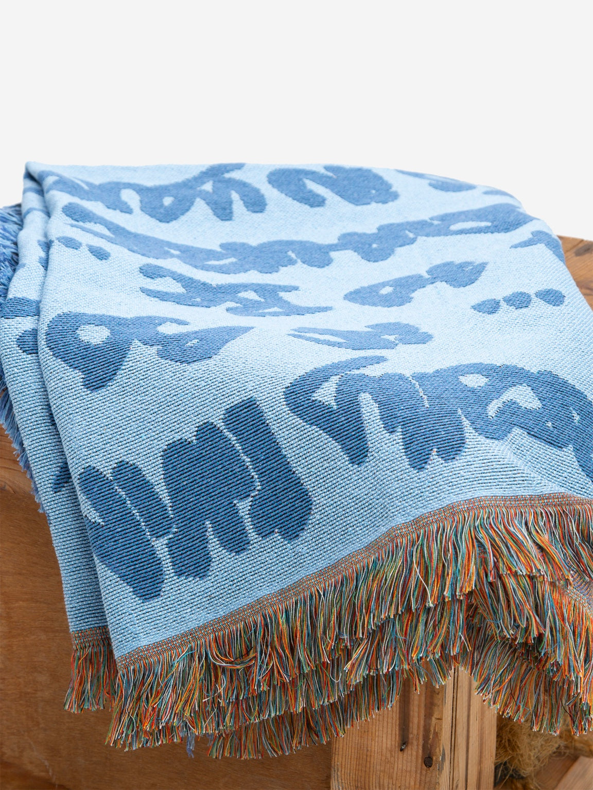 Graf Woven Throw corner detail showing woven lettering and multicoloured fringe
