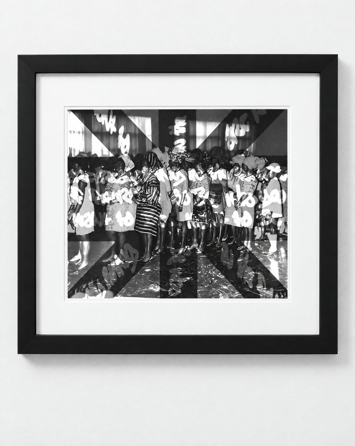 Walé Adeyemi Diaspora Dance Floor black-and-white art print in a black frame with a white mount, front view.
